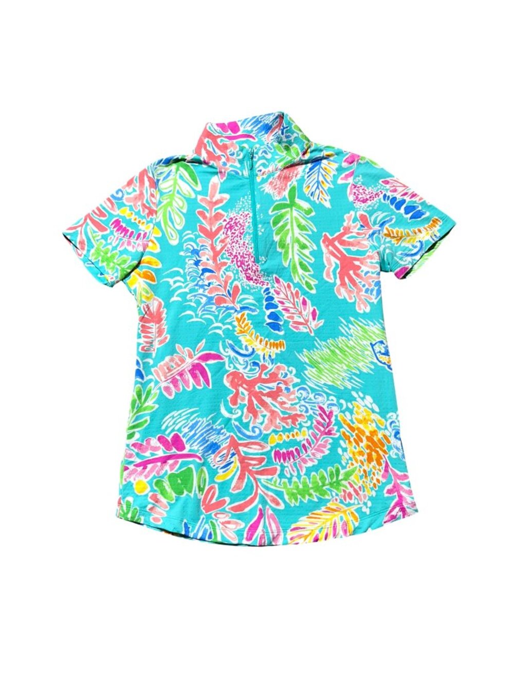 IBKUL Womens Sz XS Tropical Print Half-Zip Short Sleeve Shirt Multicolor